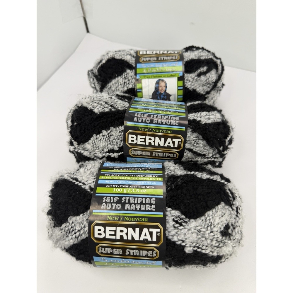 Bernat Super Stripes Yarn Black White Lot 3 Self Stripping 100g Each Acrylic